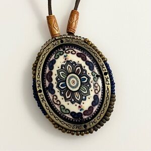 Hand Crafted Brown and Blue Pendant with Leather Back Necklace